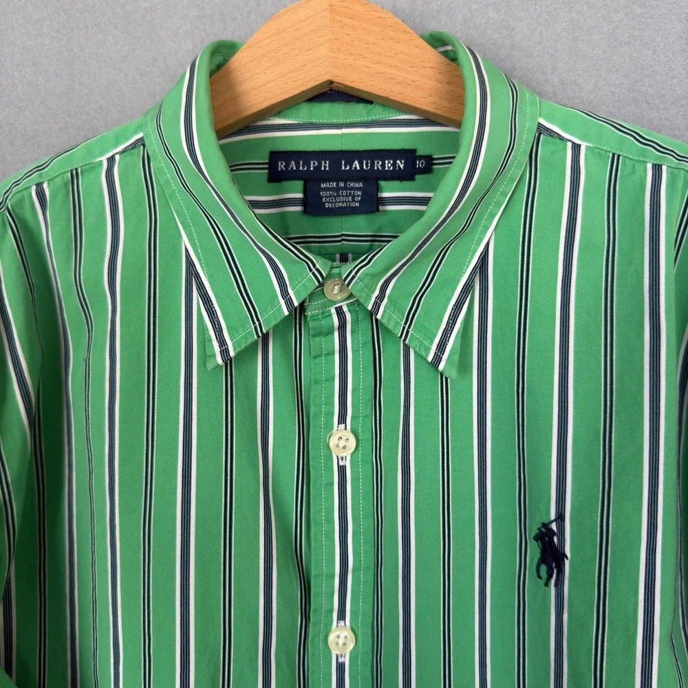 Ralph Lauren Boys 10 Slim Fit Green Striped Button Down‎ Long Sleeve Shirt